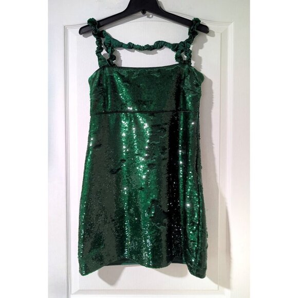 Ganni | Twisted Sequined Satin Mini Dress In Kelly Green - Picture 5 of 15
